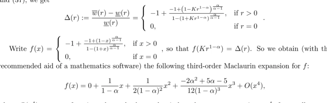 Figure 2: The real relative measuring di¤erence and its approximation, 1 w, for the speci…cations m(r) = 0:05r 0:1 , m(r) = 0:05r 0:5 and m(r) = 0:05r 0:9 .