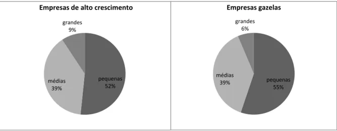 Gráfico 1- Distribuição percentual das empresas de alto crescimento e das empresas de  rápido crescimento (empresas gazelas) por porte das empresas – Brasil 2008