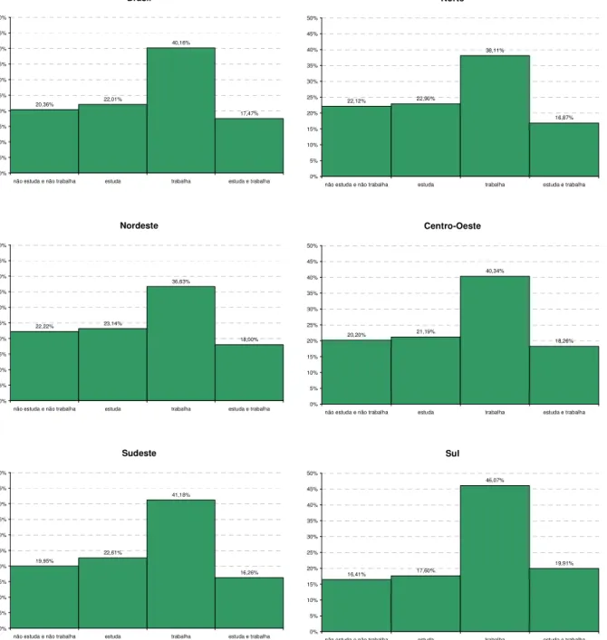 Gráfico 5. Distribuição dos jovens entre 16 e 25 anos que não estudam e não trabalham, estudam, trabalham ou  estudam e trabalham – 2005 