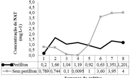Figura 7 - Concentração de nitrogênio amoniacal total (NAT) ao  longo das semanas de cultivo dos juvenis de tilápia do Nilo