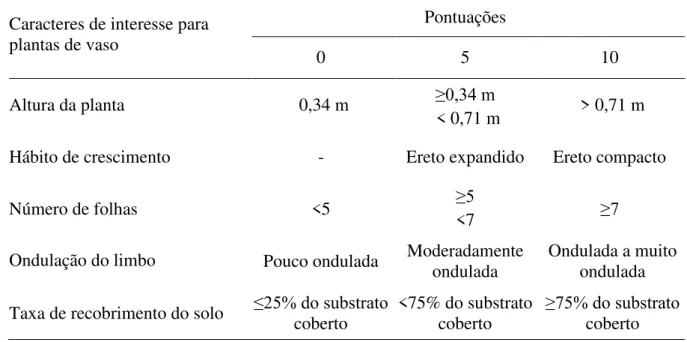 Tabela 2 – Caracteres de interesse para plantas de vaso, critérios de avaliação e pontuação a  serem  atribuídas  para  a  indicação  de  melhores  indivíduos  de  Anthurium  affine  Schott