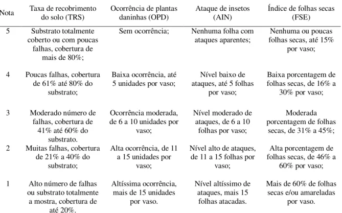 Tabela 2  –  Sistema de notas utilizado para avaliar acessos de Amaryllidaceae pertencentes à coleção da Embrapa  Agroindústria Tropical