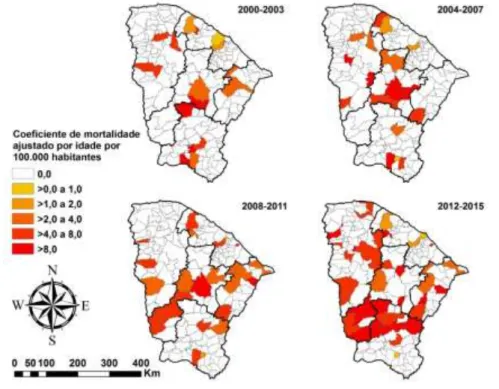 Figura 5 - Coeficiente de mortalidade por AF/100 mil habitantes adolescentes, por município de  residência, ajustado por idade, por quadriênios, Ceará, 2000 a 2015