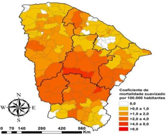 Figura  6  -  Coeficiente  de  mortalidade  por  AF  por  município  de  residência,  suavizado  por  HAF/100 mil habitantes adolescentes, Ceará, 2000 a 2015