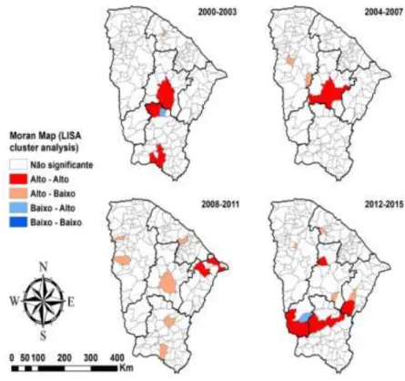 Figura  9  -  Análise-espacial  e  espaço-temporal  LISA  (Moran-Map)  do  coeficiente  ajustado  de  mortalidade por AF por município de residência, por HAF/100 mil habitantes adolescentes, por  quadriênio, Ceará, 2000 a 2015