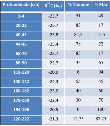 Tabela 4.2. Distribuição vertical da composição isotópica de δ¹³C do carbono orgânico