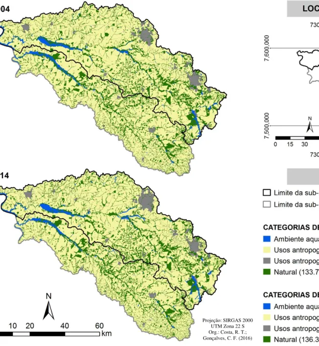 Figura 6 - Representação espacial e extensão (ha / %) das classes de usos e cobertura da terra das sub-bacias hidrográficas dos Rios Jacaré- Jacaré-Guaçu e Jacaré-Pepira, em um nível hierárquico primário de classificação, para os anos de 2004 e 2014