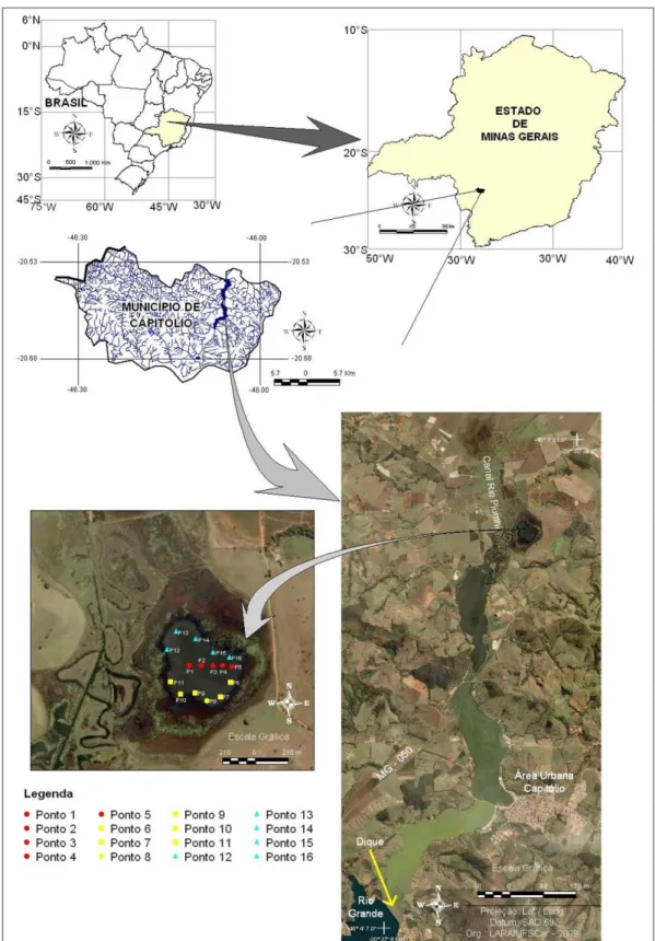 Figura 2 ‐ Localização do Estado de Minas Gerais no Brasil e do município de Capitólio, onde se  localiza  a  Lagoa  dos  Tropeiros,  na  região  de  refluxo  do  rio  Piumhi,  MG  (extraído  de  França,  2010) 