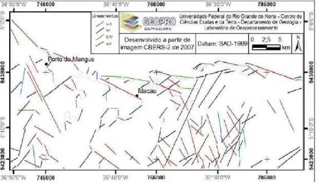 Figura 1.6  – Mapa dos lineamentos a partir de dados CBERS-2/CCD de 2007, da região de  estudo e áreas adjacentes