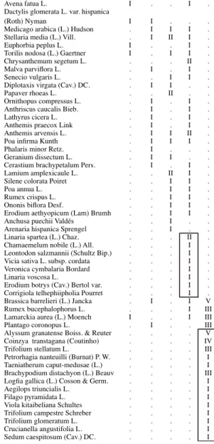 Tab. 1 -  Synthesis table of the associations AcH = Anacyclo clavati-Hordeetum leporini, BH = Bromo scopari-Hordeetum leporini,  PD = Papaveri rhoeadis-Diplotaxietum virgatae, LR = Linaria spartea and Raphanus raphanistrum, CB = Coincyo  transtagani-Brassi