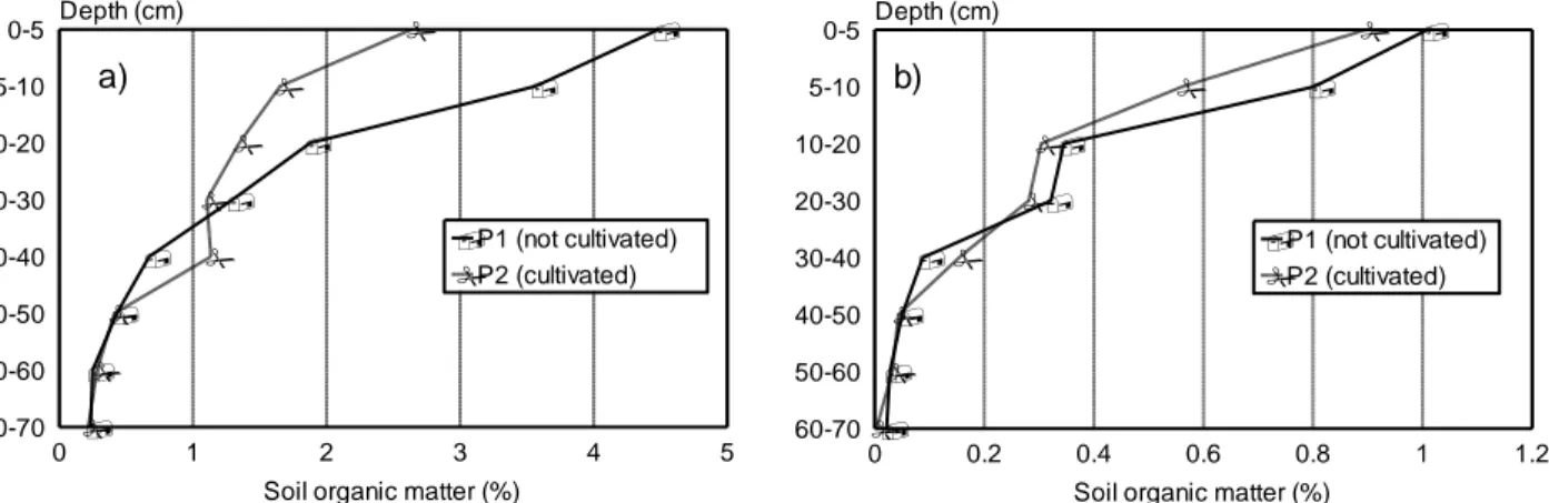 Figure 2 Soil organic matter content (%) along the soil profile of the site Comenda, a) with and  b) without correction of the stone content