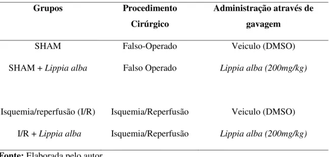 Tabela 1: Grupos experimentais e seus respectivos tratamentos (in vivo) 