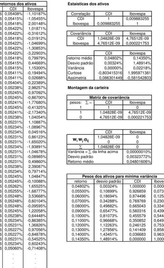 Figura 10 – Exemplo de planilha para o cálculo da Fronteira de Mínima Variância  para uma carteira de referência no período de 11/08/2006 a 31/08/2007 