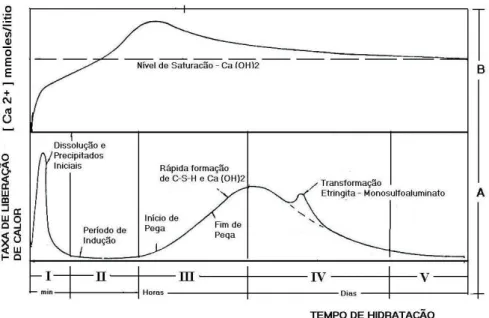 Figura 6: Curvas Esquemáticas da Taxa de Liberação de Calor (A) e a Concentração do Ca 2+ em Solução (B) durante o Transcorrer do Processo de Hidratação do Cimento (LIMA, 2004)