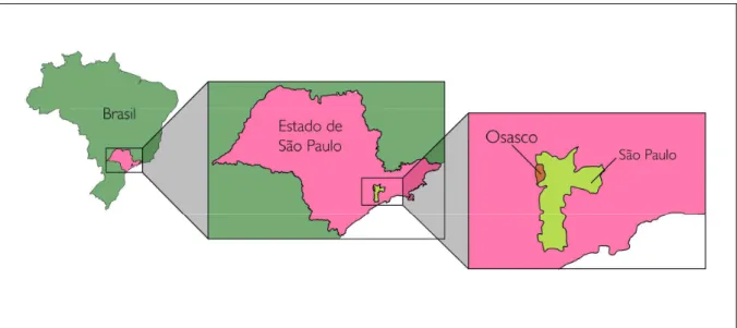 Figura 1.2. Localização de Osasco e São Paulo no Estado de São Paulo e no Brasil  Fonte: Elaborado por Márcia Vaitsman Chiga e pela autora