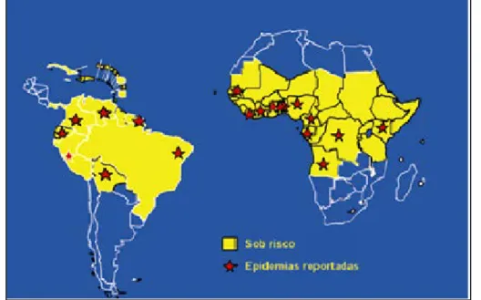 Figura 5 - Áreas sob risco de febre amarela na América do Sul (Bacias dos rios Amazonas,  Araguaia-Tocantins, Paraná e Orinoco e na África (Bacia do Nilo e Congo) [40]