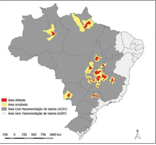 Figura 6 - Distribuição geográfica das áreas afetadas e ampliadas para efeito de localização dos  focos de transmissão da febre amarela e intensificação das ações de vigilância, prevenção e 