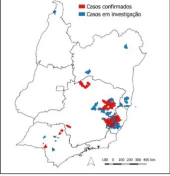 Figura 7 - Distribuição geográfica dos casos suspeitos de febre amarela notificados à SVS/MS até  07 de fevereiro de 2017, com início dos sintomas a partir de 01 dezembro de 2016, por município 