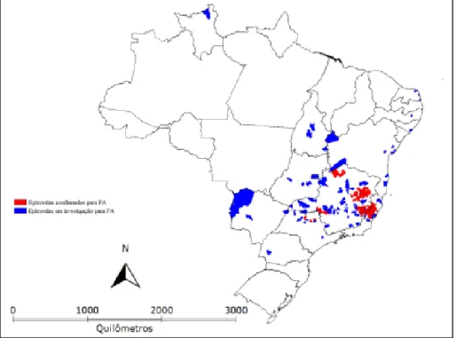 Figura 3 - Distribuição geográfica das epizootias em primatas não humanos suspeitas de febre  amarela notificadas à SVS/MS até 07 de fevereiro de 2017, com data de ocorrência a partir de 01 