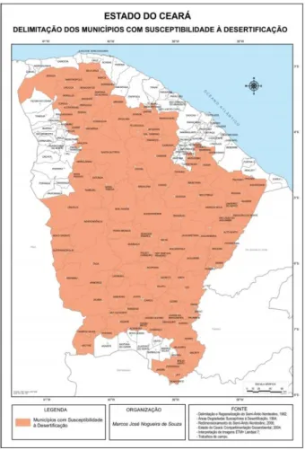 Figura  5  –   Delimitação  dos  municípios  com  suceptibilidade  à  desertificação  no  Estado  do  Ceará 