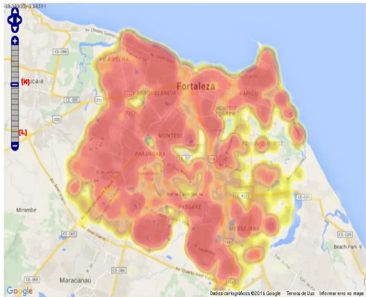 Figura 34 – Mapa de densidade de casos de Dengue notificados, segundo ano do início dos  sintomas, Fortaleza-CE, 2016