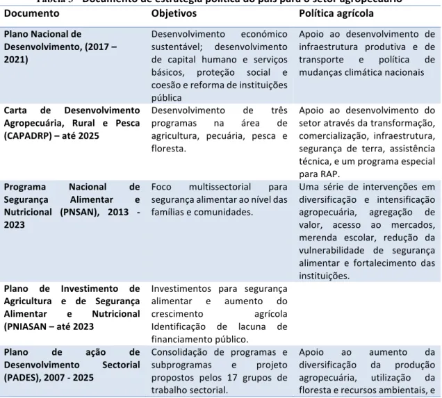 Tabela 3  - Documento de estratégia política do país para o setor agropecuário 