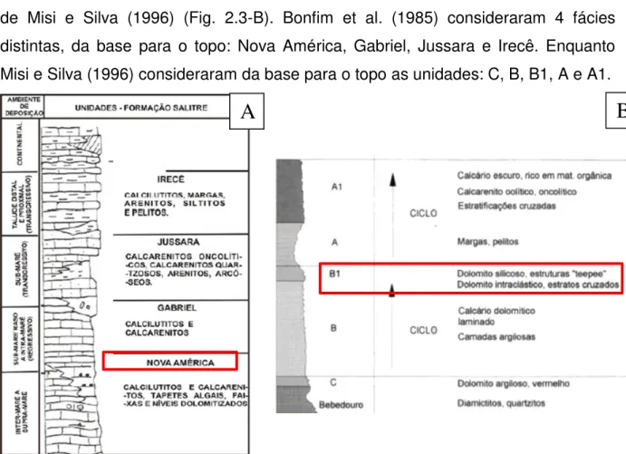 Figura 2.3: Colunas estratigráficas Formação Salitre. A) Bonfim et al., 1985, B) Misi e Silva, 1996