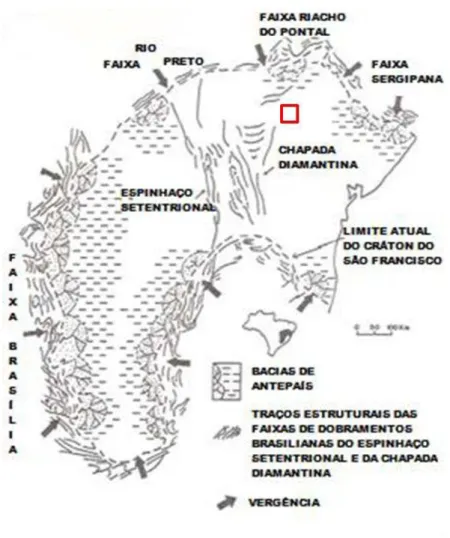 Figura 2.4: Faixa Riacho do Pontal e área estudada em vermelho (Retirado de Dominguez,  1993).