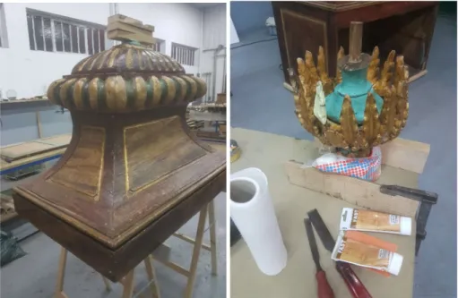 Figura 10 – Trabalhos de conservação e restauro dos elementos artísticos do coroamento da caixa do instrumento