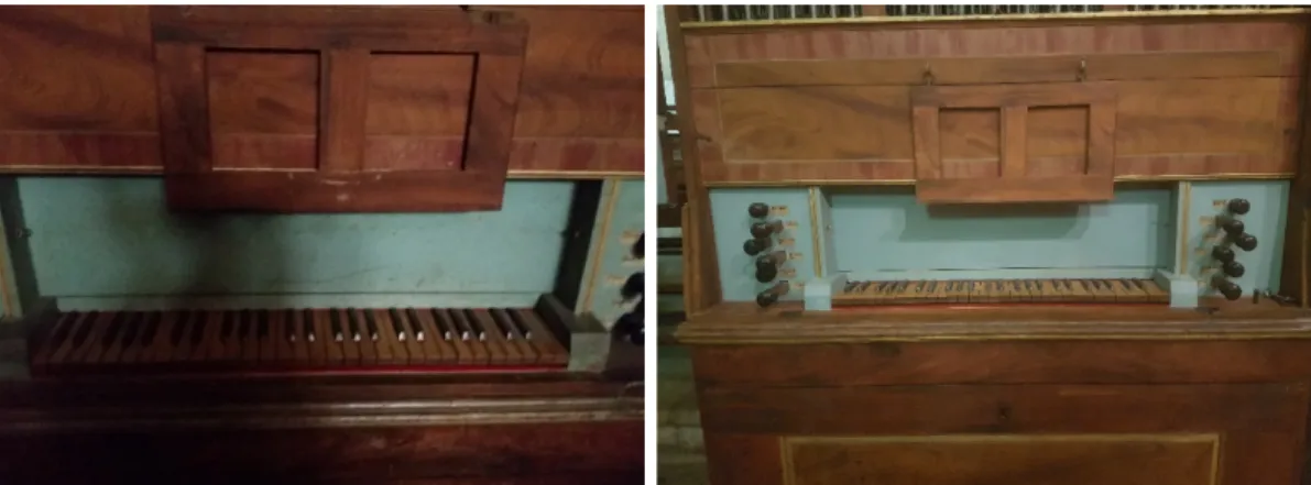 Figura 13 – Consola do órgão antes (à esq.) e depois (à direita) da intervenção de conservação e restauro