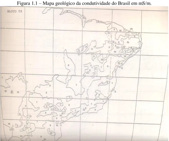 Figura 1.1  – Mapa geológico da condutividade do Brasil em mS/m. 
