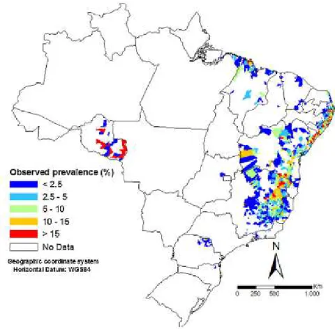 Figura 3. Prevalência da esquistossomose no Brasil. Estimativa realizada pelo Programa Nacional de  Controle  da  Esquistossomose,  dos  anos  2005  a  2009