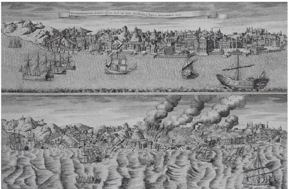 Figura 13: Vista de Lisboa antes e durante o terramoto de 1755. 