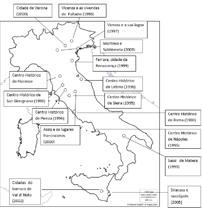 Fig  2  -  Centros  históricos,  cidades  e  conjuntos  da  Lista  do  Património  Mundial  da  UNESCO e respetiva da inscrição Itália 2016