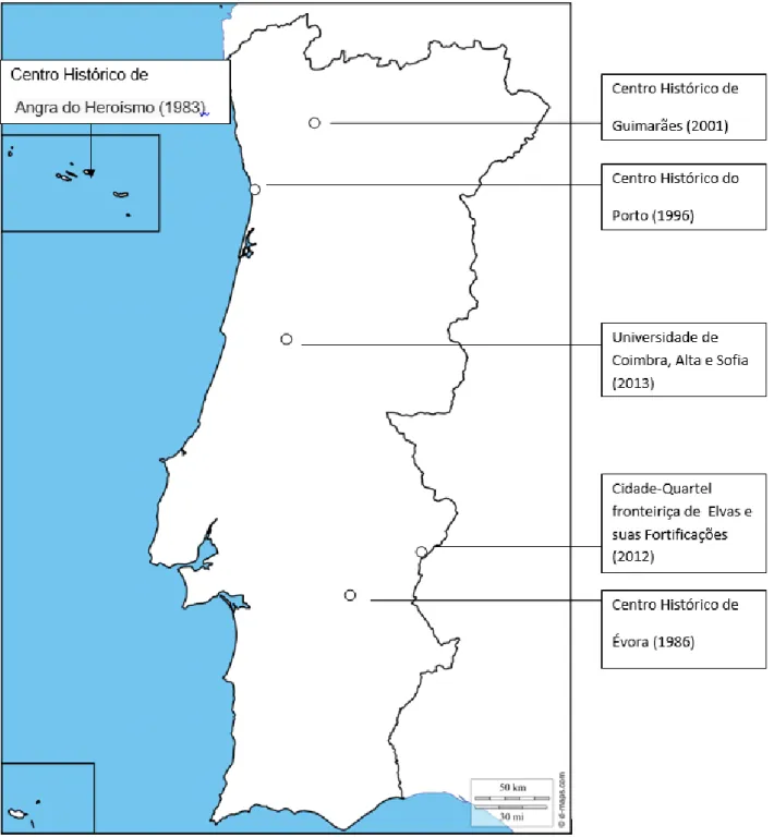 Fig. 3 - Centros históricos e conjuntos inscritos na Lista do Património Mundial e respetiva  data de inscrição Portugal 2016