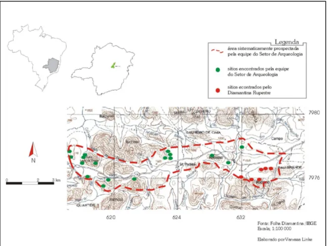 Figura 2: Mapa de área prospectada em Diamantina com sítios encontrados 
