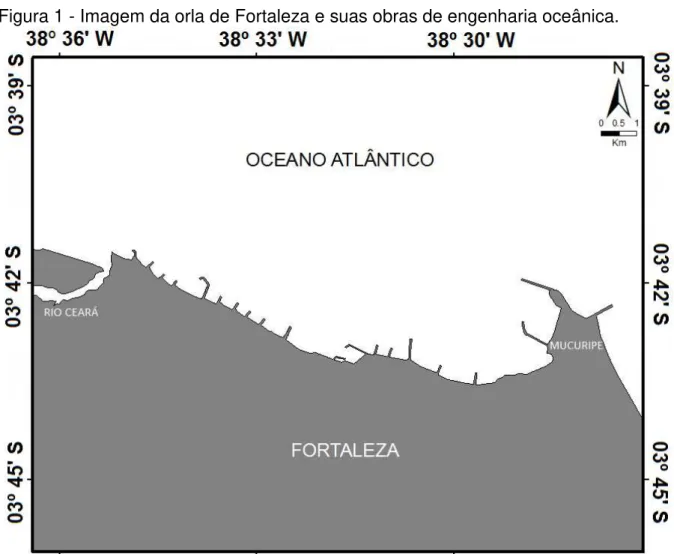 Figura 1 - Imagem da orla de Fortaleza e suas obras de engenharia oceânica. 