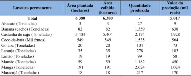 Tabela 05: Área plantada, área colhida, quantidade produzida e valor da produção  da lavoura permanente na microrregião do Agreste Potiguar, 2008  Lavoura permanente  Área plantada 