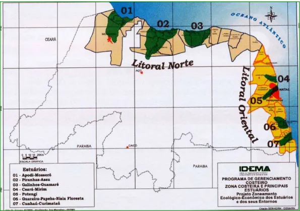 Figura 13 - Principais estuários de cultivo de camarão marinho no Rio Grande do Norte  (Cluster do Camarão do RN, 2001)