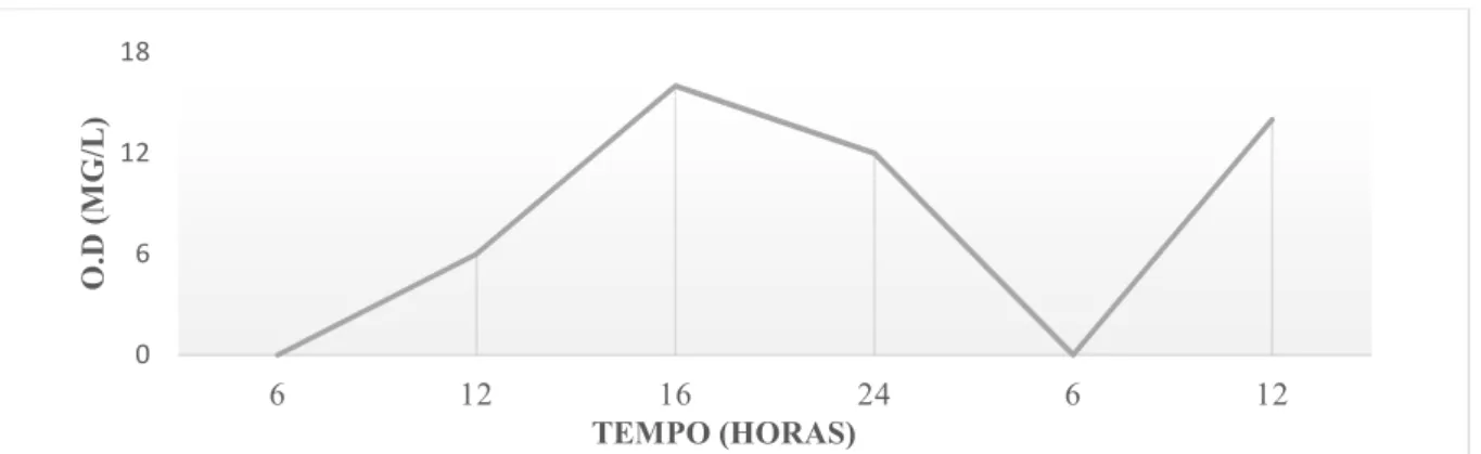 Gráfico 1 – Comportamento do O.D ao longo do dia em função da fotossíntese e respiração na  água