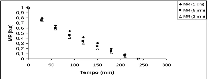 Figura 3 – Umidade adimensional do bagaço de mandioca (amostra 1) em estufa a 80°C em camadas   com diferentes espessuras 