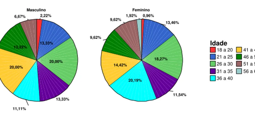 Gráfico 4 - freqüência da relação entre Sexo X Faixa Etária, para a mostra  paulistana  18 a 20 21 a 25 26 a 30 31 a 35 36 a 40 41 a 4546 a 5051 a 5556 a 60Idade2,22%13,33%20,00% 13,33% 11,11%20,00% 13,33%6,67% Masculino Feminino 0,96% 13,46%18,27% 11,54%2