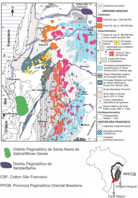 Figura  2.  Mapa  geológico  do  Orógeno  Araçuaí  e  os  Distritos  pegmatíticos  estudados  (modificado de Pedrosa Soares et al., 2007)