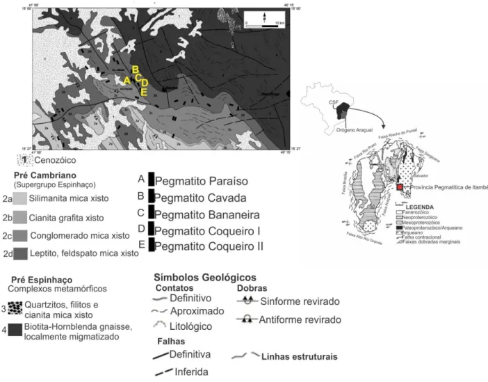 Figura 4. Localização do distrito pegmatítico de Itambé em relação ao Orógeno Araçuaí e o cráton  São Francisco (CSF)