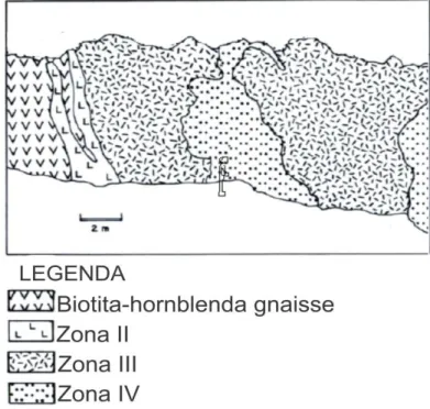 Figura  5.  Representação  das  zonas  subdivididas do  pegmatito  Bananeira  e  a  rocha  encaixante  biotita-hornblenda gnaisse (Silva et al., 1996)