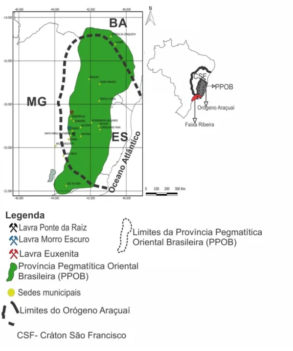 Figura  11.  Mapa  de  localização  da  Província  Pegmatítica  Oriental  do  Brasil  reunindo  os  limites propostos por Paiva (1946), Putzer (1976) e Schobbenhaus  et al