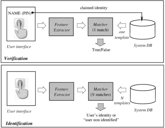 Figura 1 – Identiﬁcation and Veriﬁcation Task using Biometric System Modules. Source: ( 37 )