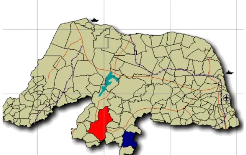 Figura 1 – Mapa do Rio Grande do Norte com destaque dos municípios de Parelhas  (azul) e Caicó (vermelho), RN)