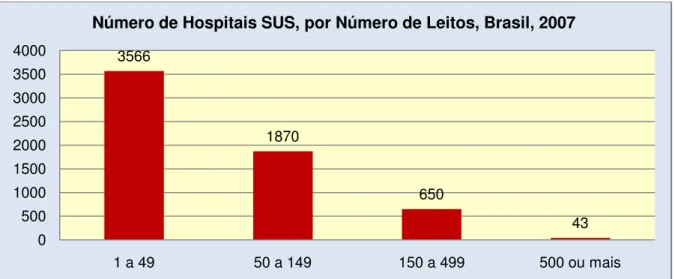 Gráfico 11: Número de Hospitais do Sistema Único de Saúde por Número de Leitos (n = 6.129)  Fonte: Cadastro Nacional de Estabelecimentos de Saúde (CNES), Brasil, setembro de 2007 