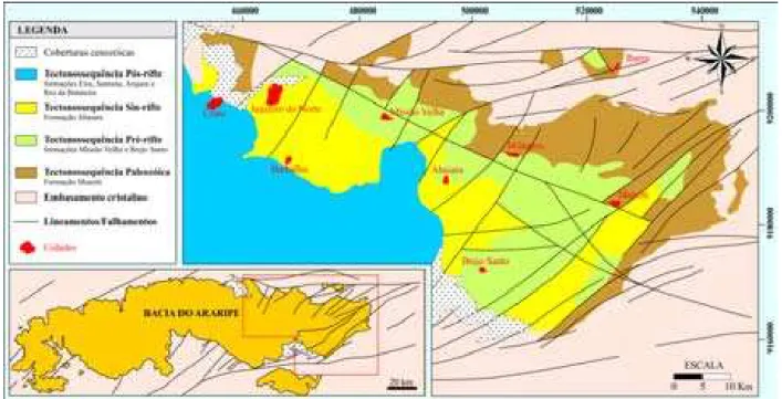 Figura 5.1 - Mapa geológico simplificado da porção leste da Bacia do Araripe. Estão representadas no  mapa as tectonossequências Paleozóica, Pré-rifte, Sin-rifte e Pós-rifte